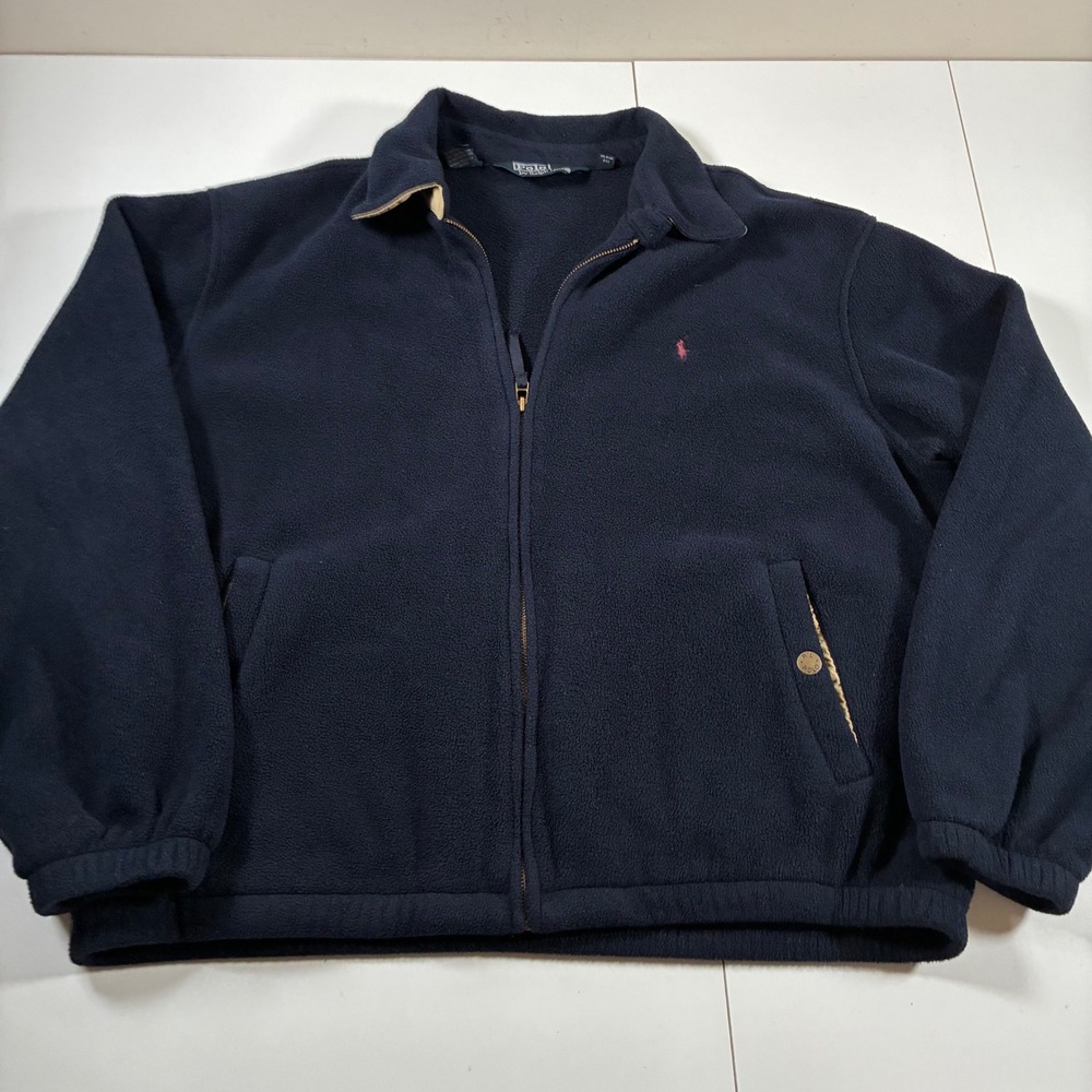 Vintage Polo Ralph Lauren Fleece Jacket XL Navy Polartec Full Zip Harrington